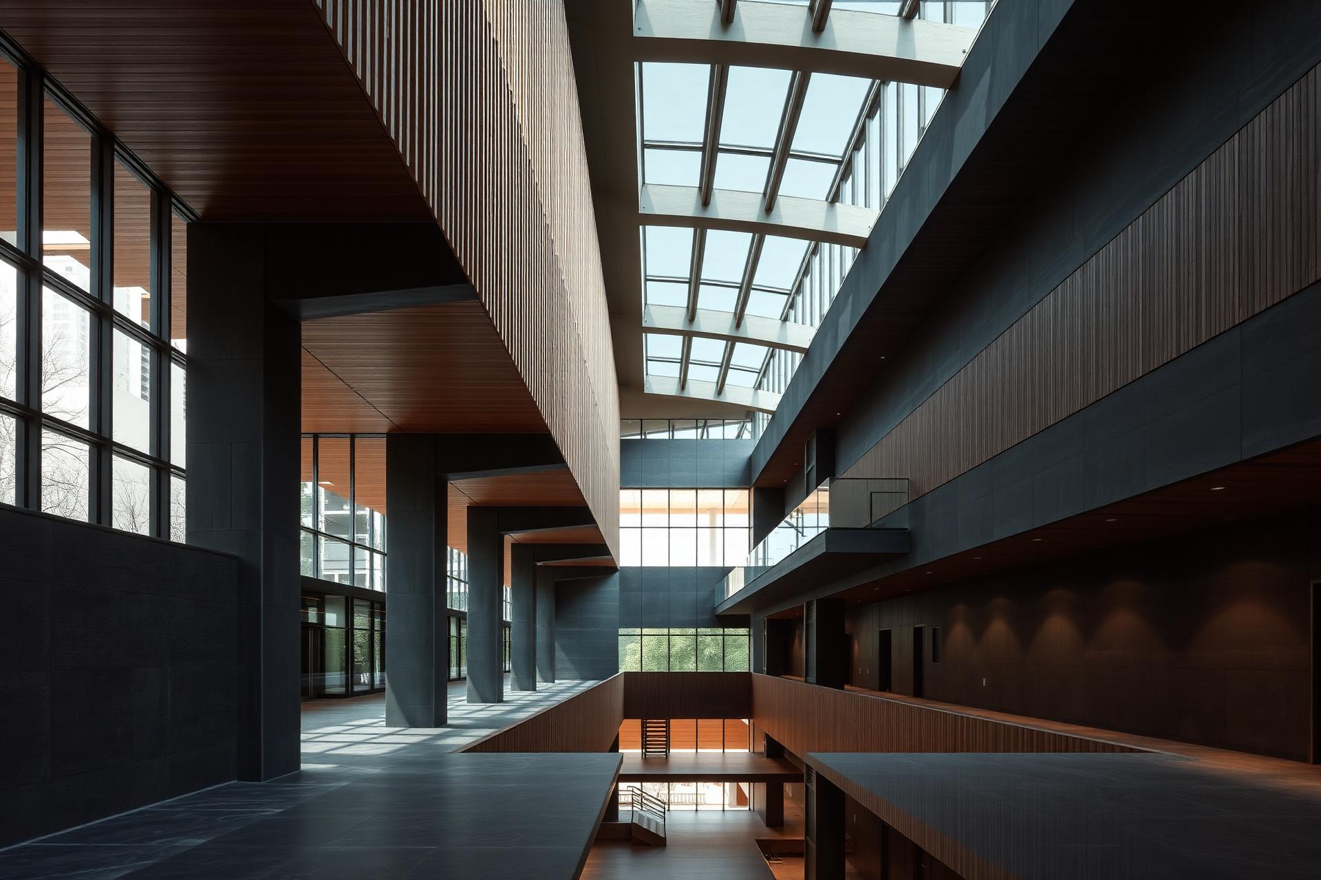 Modern university atrium with timber and concrete