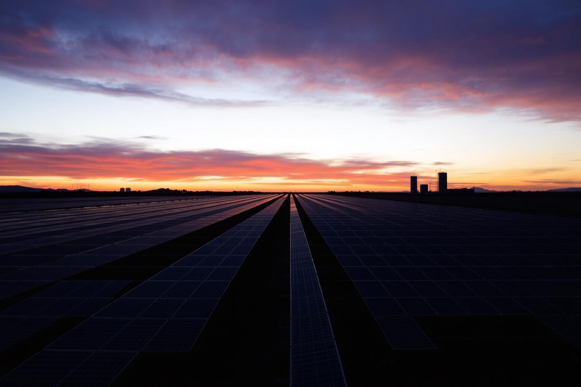Vast solar field stretching to a cinematic dusk horizon