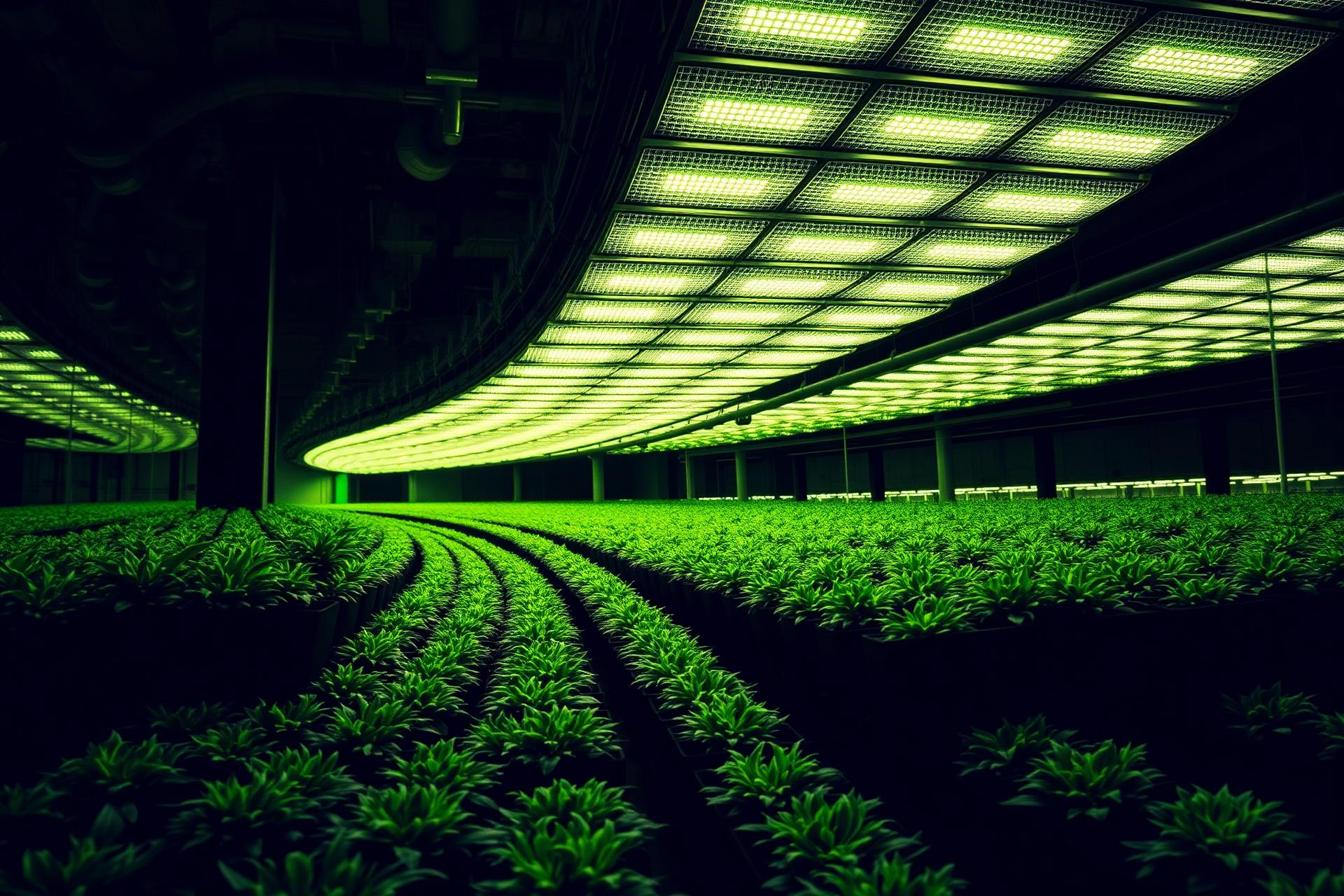 Vertical hydroponic farm with rows of glowing crops