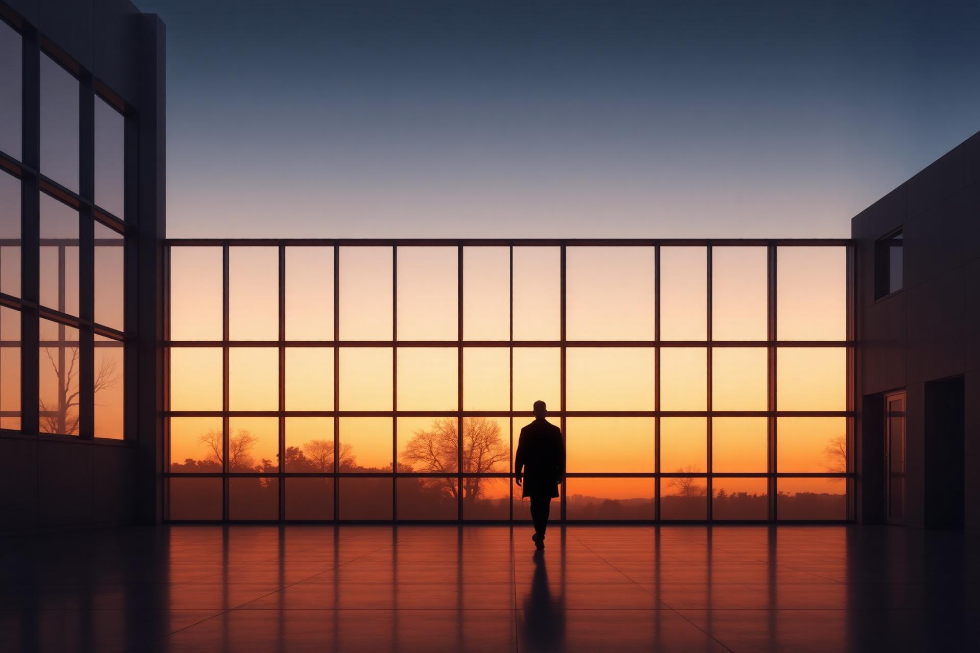 Silhouette in a brutalist medical campus at dusk
