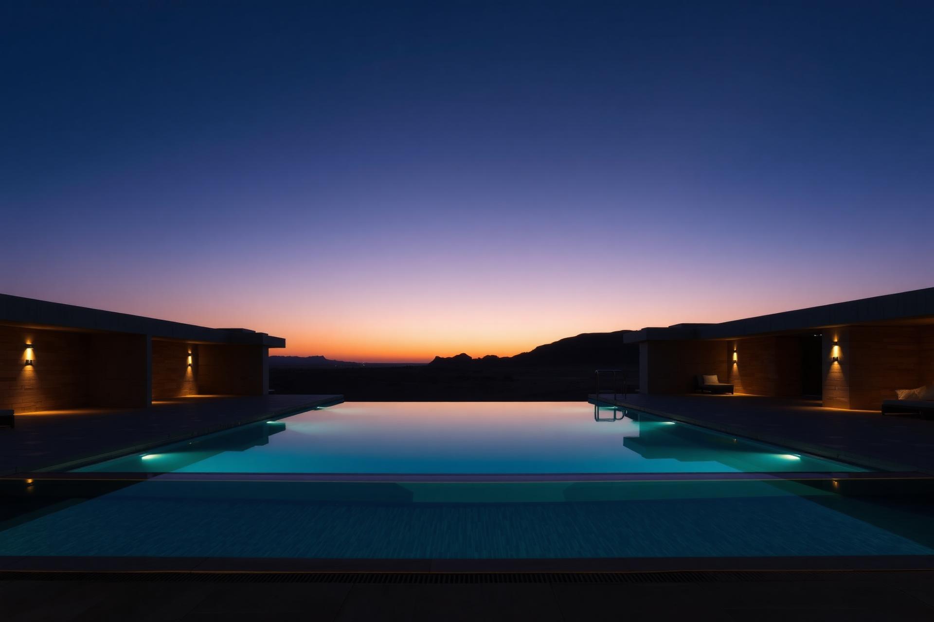 Minimalist desert resort with infinity pool at twilight
