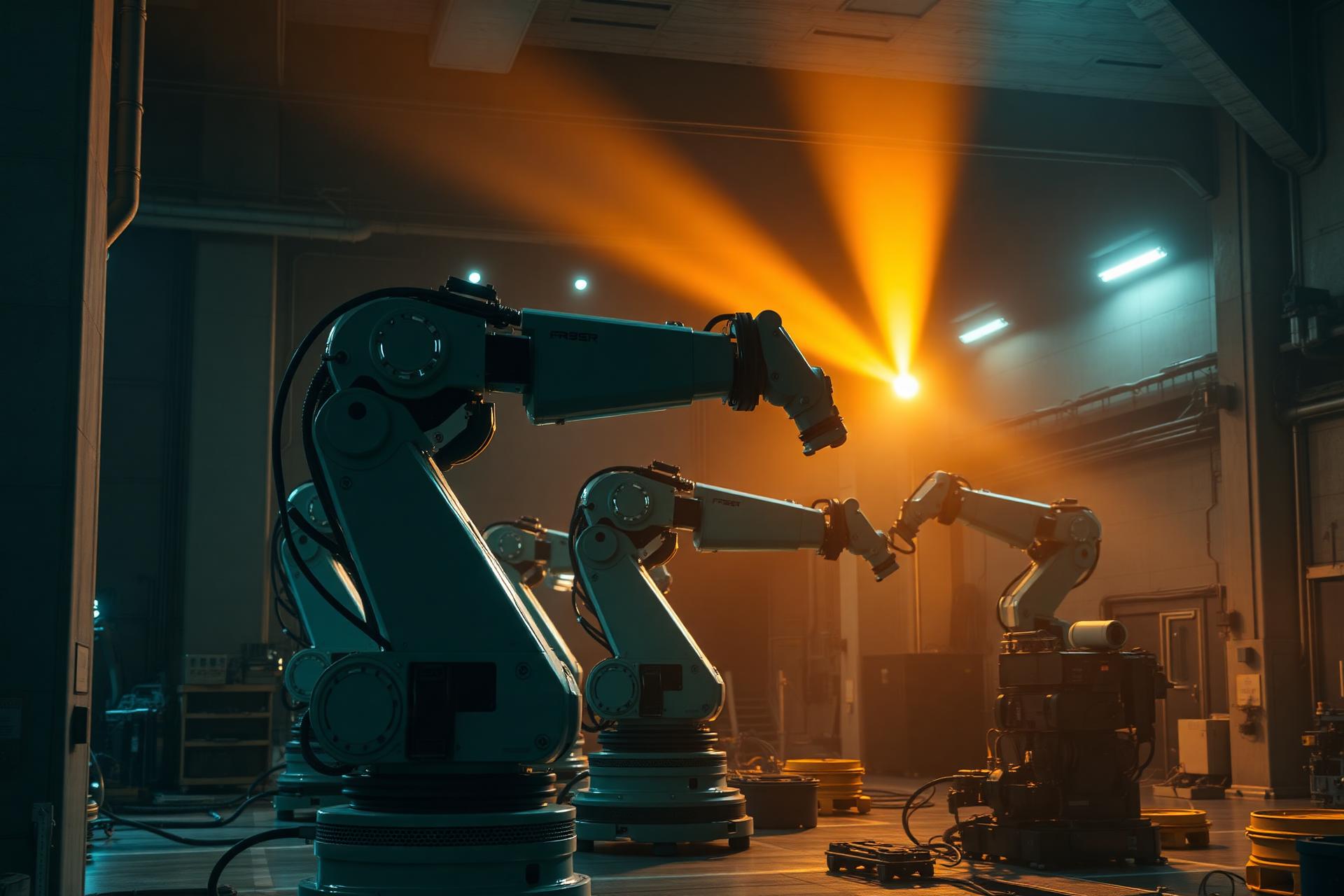 Robotic arms assembling under warm spotlights in a dark factory