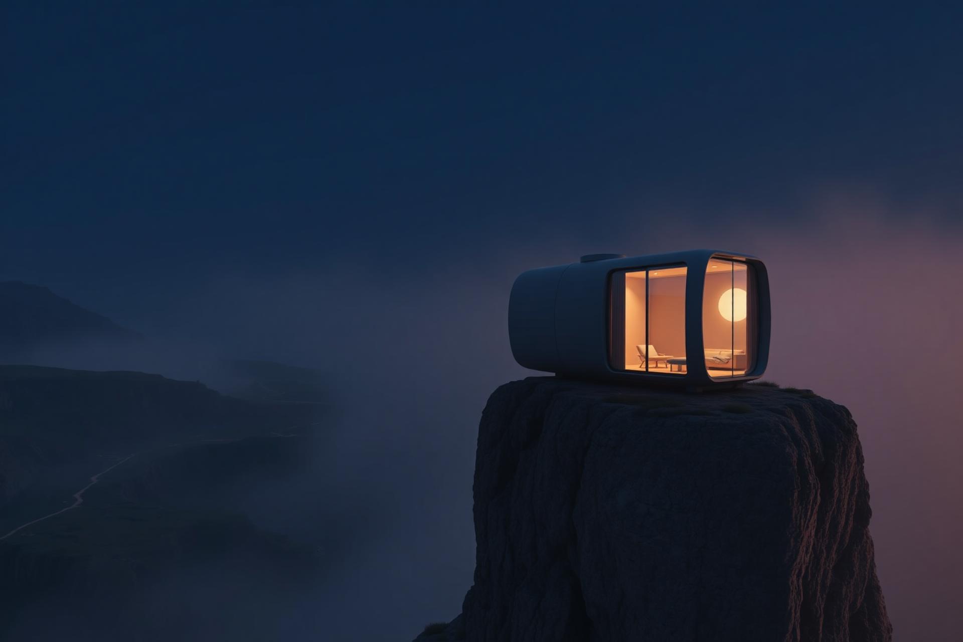 Futuristic modular residential capsule on a cliffside at dusk
