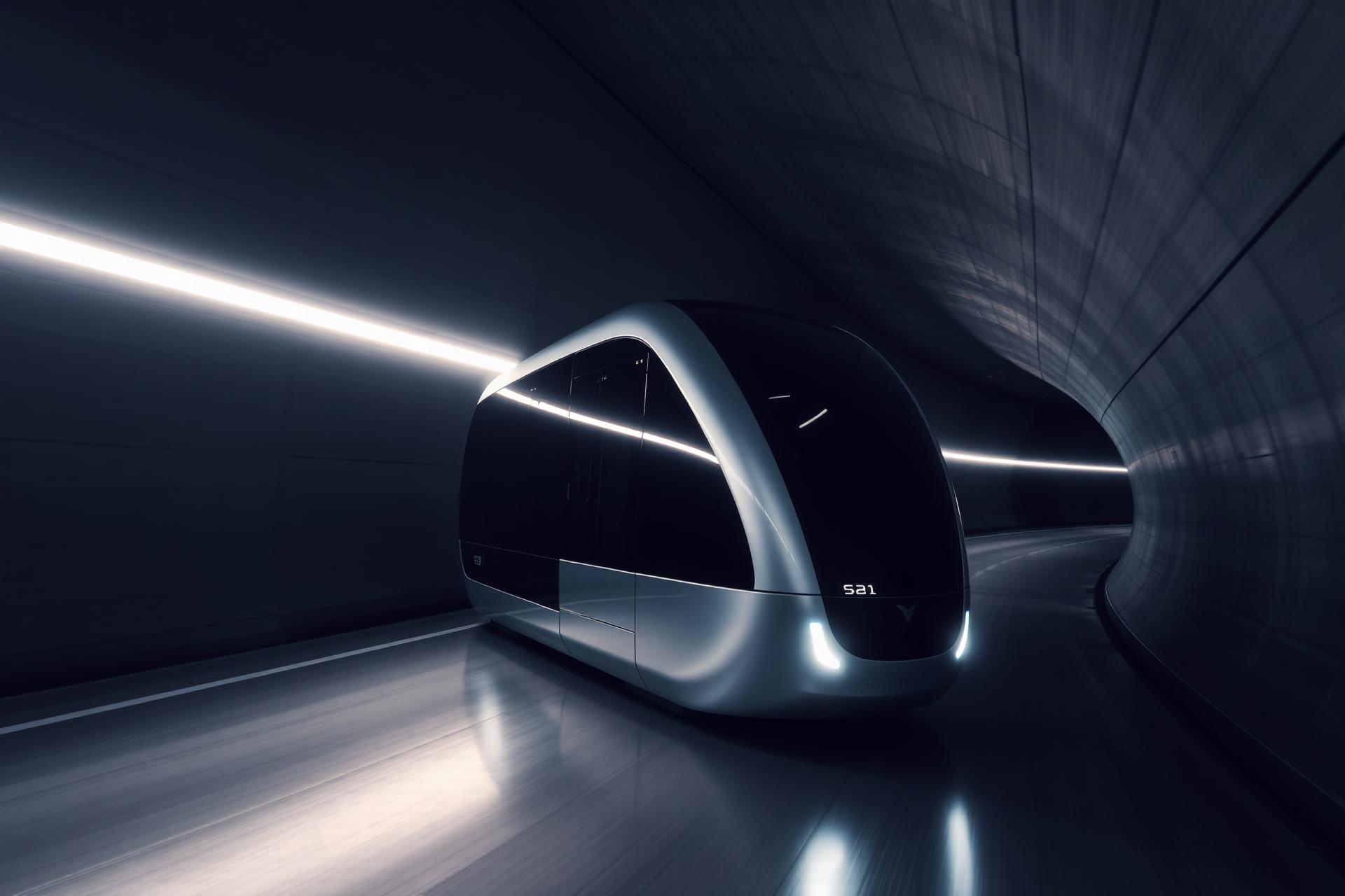 Sleek autonomous transit pod gliding through a lit tunnel