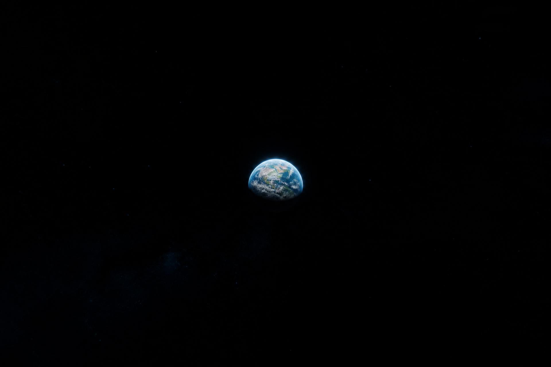 Planet Earth small and distant in deep cosmic void