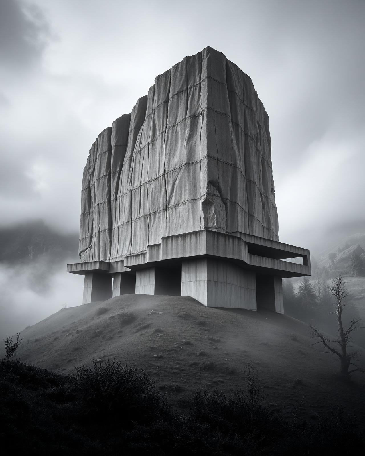 Monolithic brutalist architecture integrated with a natural landscape